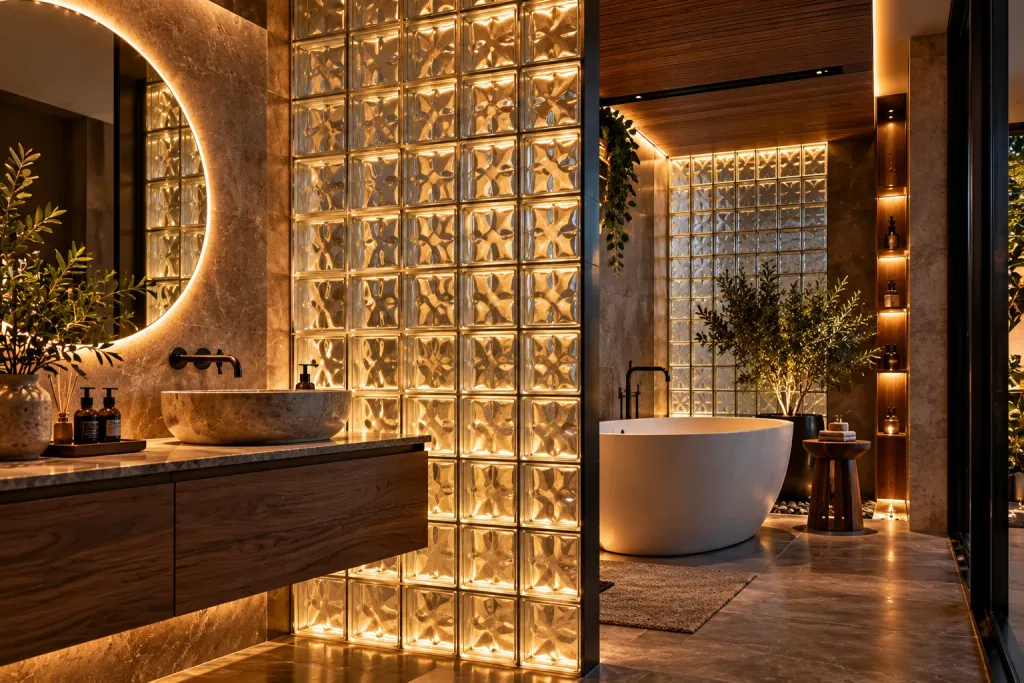 Banyo girişinde ışıklı cam tuğla bölme